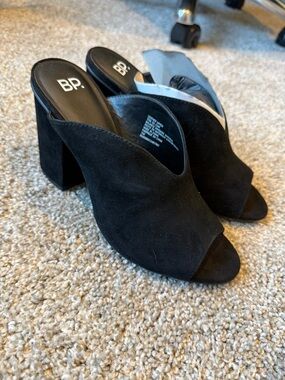 bp Black Suede Open-Toe Block Heel Mules